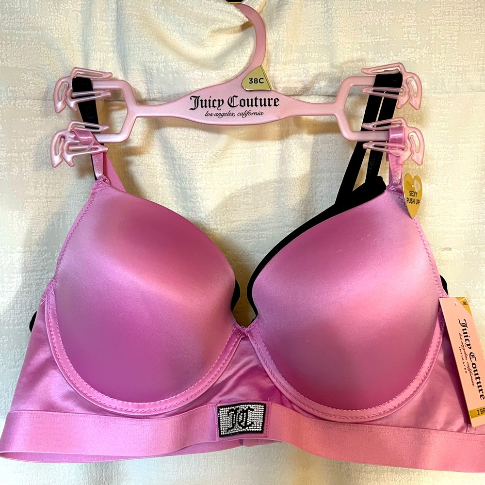 Juicy Couture Los Angeles NWT Set of 2 Padded Wired Satin Pink & Black Bras 38C